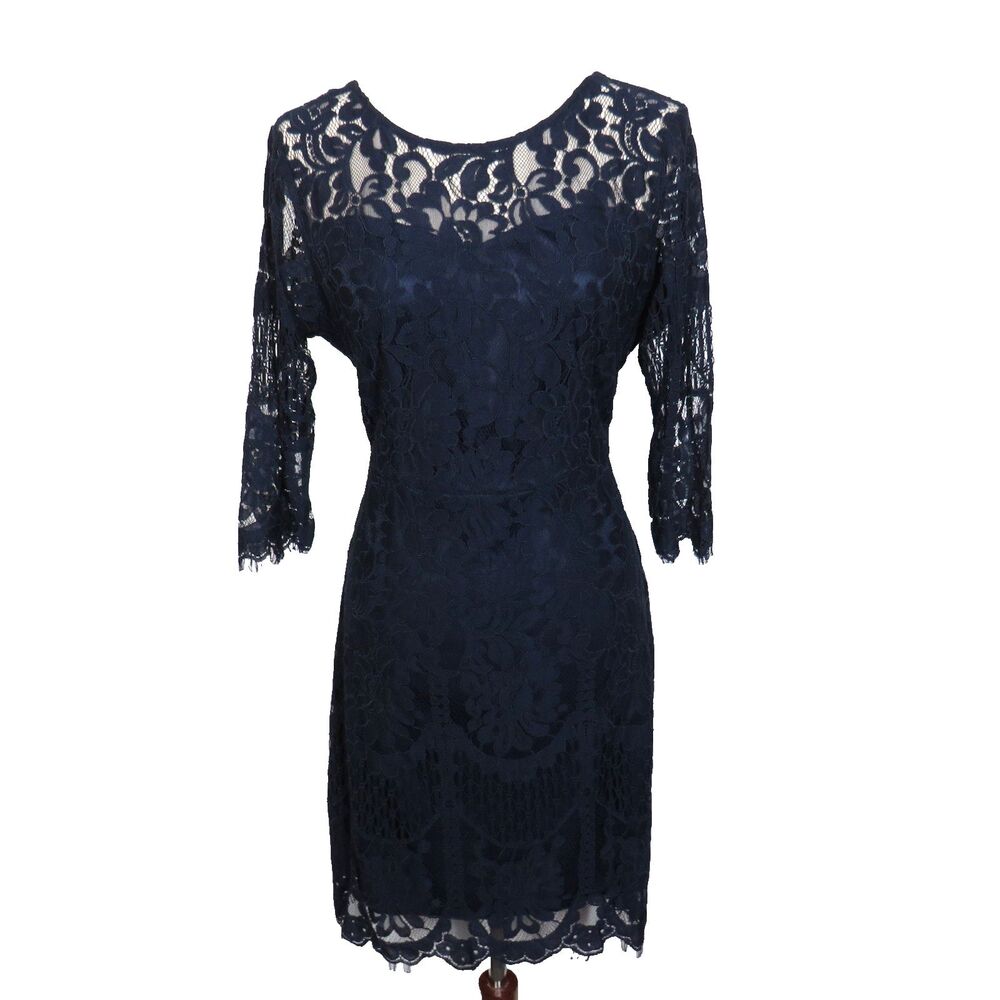 MSLG Navy Blue Stretch Lace 3/4 Sleeve Formal Sheath Dress Size Medium